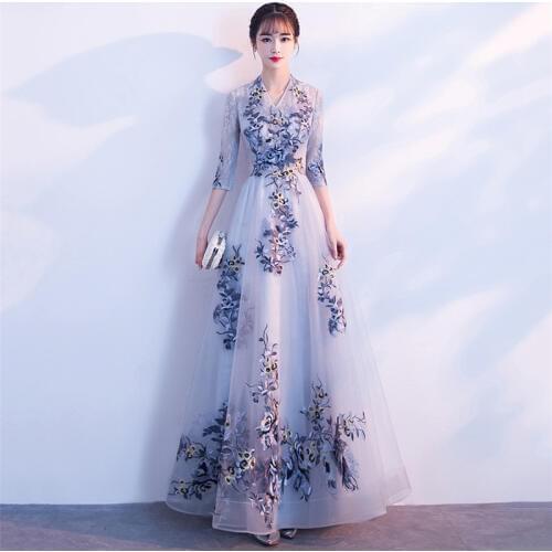 Party Dress Women Gray Print Embroidery 4XL Plus Size Host Banquet Dresses Autumn Winter Elegant V Neck Chic Slim Vestidos LD495