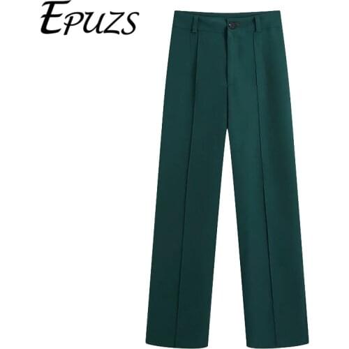 ZA women pants Women green Pockets Straight Pants Vintage High Waist pants Zipper Fly Female long Trousers Mujer 2021