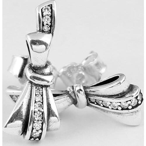 Original 925 Sterling Silver Earring Brilliant Bow Stud Earrings With Crystal For Women Europe Gift Diy Jewelry