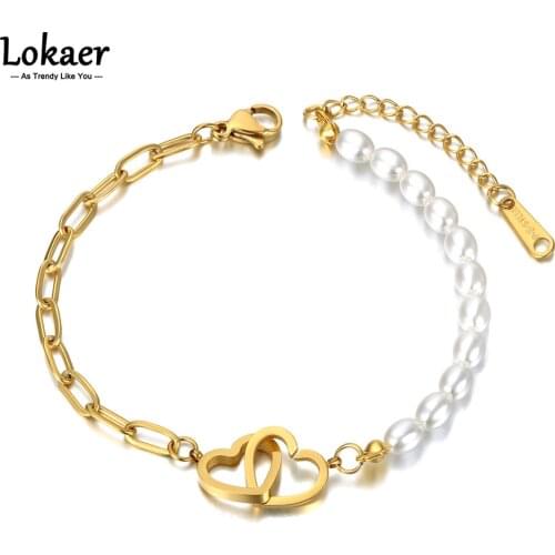 Lokaer Titanium Stainless Steel White Pearl Chain Link Bracelets For Women 14 K Gold Fashion Double Heart Charm Bracelet B21085