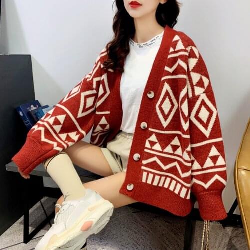 Ladies Cardigans Long Sleeve Knitted Argyle Sweater Coat Women Korean Style 2021 Autumn Winte Lazy Oversized Harajuku Jacket