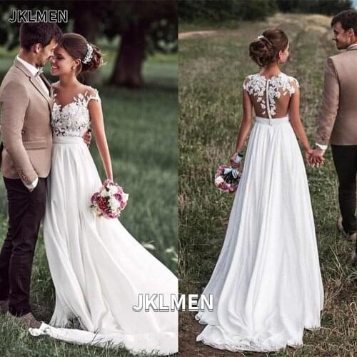 Bohemian Illusion Lace Elegant Beach Wedding Dress Zipper Chiffon Long Bride Gown Vestido De Novia
