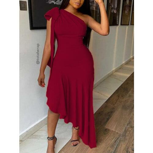 Elegant Women Bodycon Dress One Shoulder Bow Tie Ruffle Dress Slim Fit Formal Party Birthday Prom Midi Dresses Plus Size 2XL