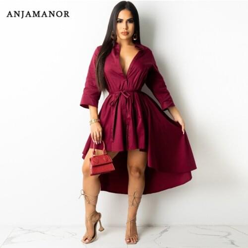ANJAMANOR Fashion High Low Button Up Shirt Dress Elegant Business Chic Fall Outfits for Women Black Dress Casual Clothes D48DB31