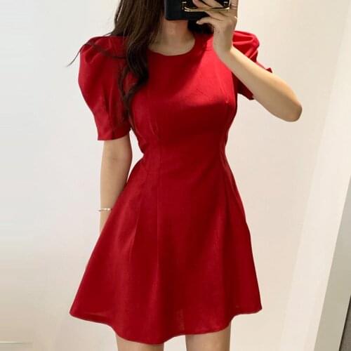 Elegant Temperament Korean Slim Dress Women High Waist Hip A Line Slim Vestidos O Neck Puff Short Sleeve Solid Robe Summer 2021