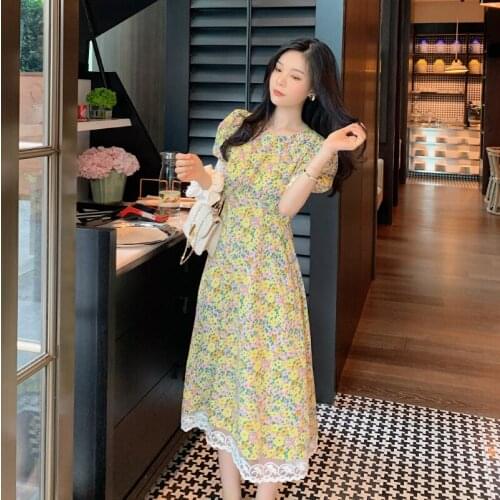 2021 French small floral chiffon dress female slim high waist V-neck temperament mid-length skirt vestidos de festa