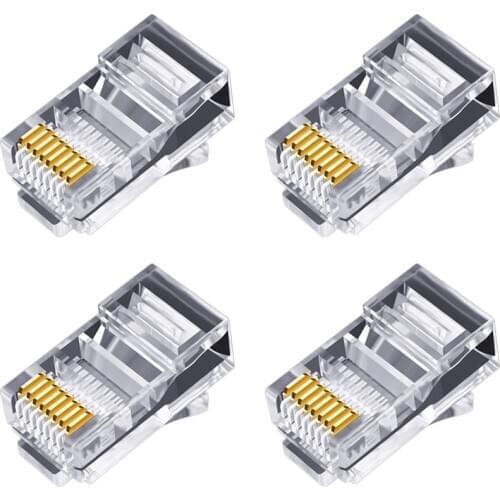 100Pcs RJ45 Connector 6U Gold Plated P Through Ethernet Cables Module Plug Network RJ-45 Crystal Heads Cat5 Cat5E