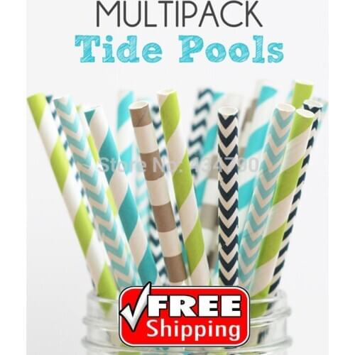 250pcs Mixed 5 Designs TIDE POOLS Paper Straws, Navy,Turquoise,Light Blue,Grey,Apple Green,Boy,Party, Sea,Summer, Stripe Chevron