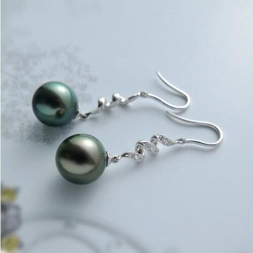 Free Shipping 10.8mm Round Green Real Tahitian Pearl Diamond Hook Drop Earrings 18k White Gold