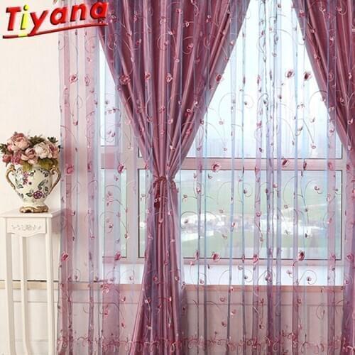 Wine/Yellow Flower Embroidery Tulle for Living Room Ldyllic Elegance Window Drapes Panel for Balcony X-WP256#30