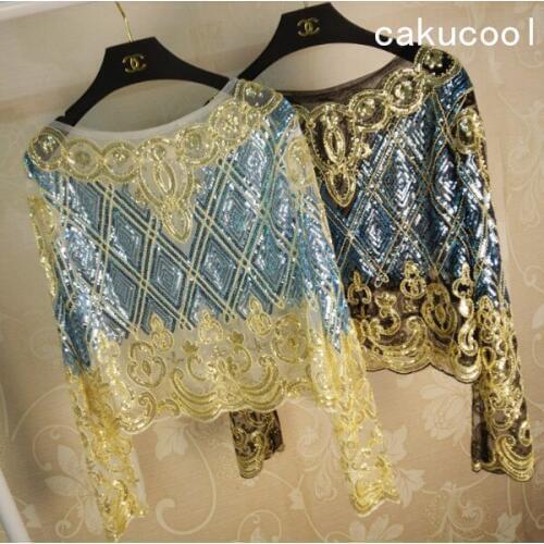 Cakucool Women Beading Blouse Shirt Long Sleeved Chiffon Tops Gold Sequined Sexy Embellish Lace Pullover Spring Blusas Top Shirt