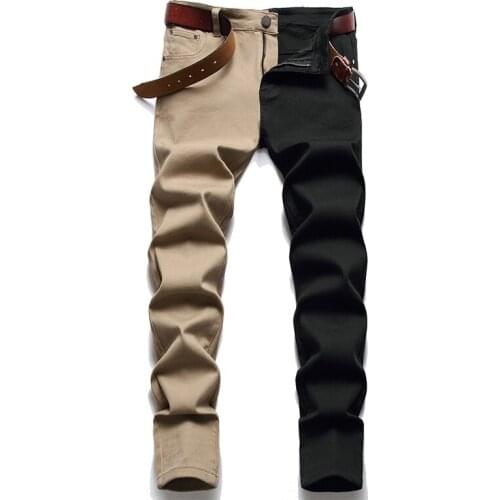 High Street Color Block Patchwork Jeans Men Hip Hop Black Red Color Stretch Denim Pants Streetwear Washed