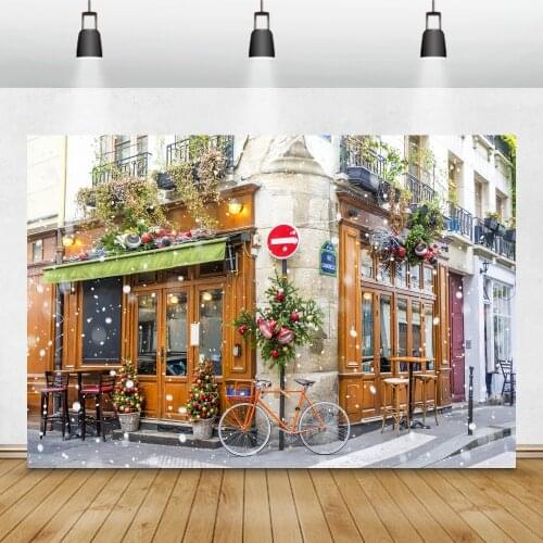 Laeacco Merry Christmas Festivals Holiday Winter Snow Town Old Town Store Street Scenic Photo Background Photography Backdrop