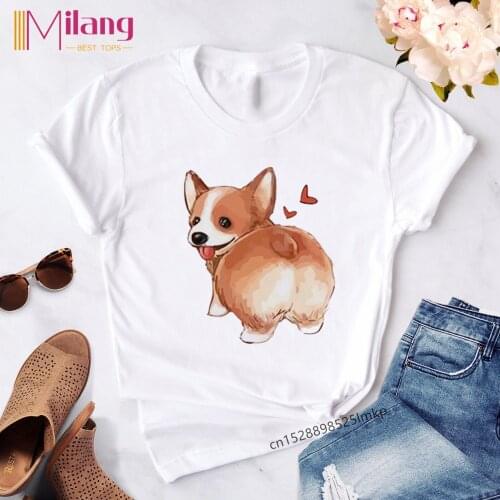 Graphic Cute Cartoon Pink Tshirt Kawaii Corgi Print T Shirt Women Harajuku 90s Ullzang Fashion T-shirt Korean Top Tees Female