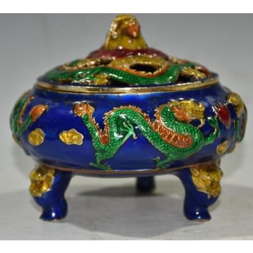 China brass cloisonne three foot dragon Incense burner crafts statue
