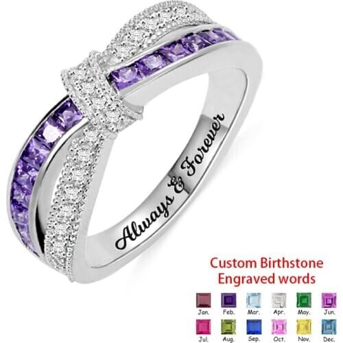 Personalized Bowknot Ring 12 Month Birthstone Women Jewelry Name Year Number Custom Engraved Rings For Mom Wife Daugther Gift