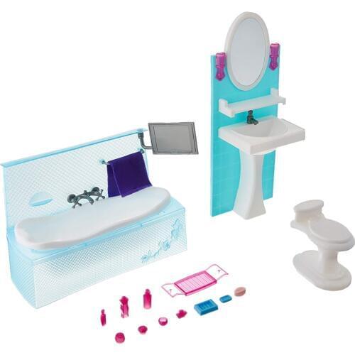 Dollhouse Bathroom Furniture, 1/6 Plastic Bathtub & Sink & Toilet & Toiletries Set, Mini Model Display Decor, Kids Toy