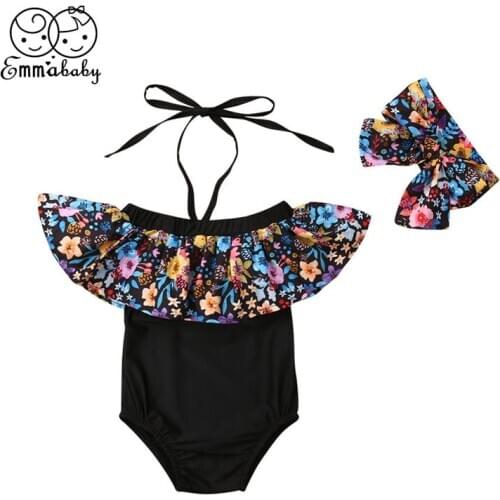 Baby Girl Swimwear Kids Floral Bathing Suit Halter Off Shoulder Swimsuit+Headband 2pcs Children Beachwear Swimming Costume