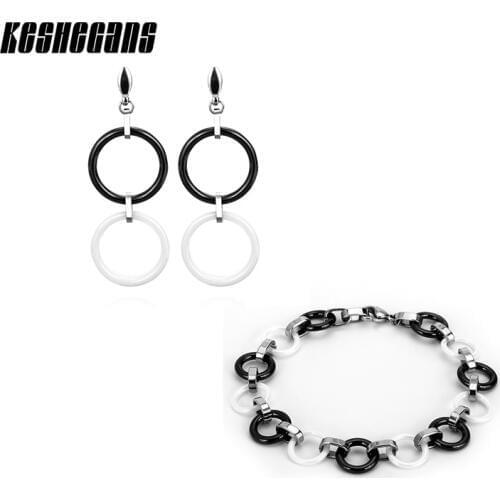 Classic Simple Round Circle Black White Ceramic Earrings Bracelet Set For Women Double Circle Fashion Jewelry Wedding Jewelry
