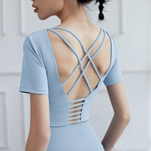 2021 New Yoga Clothes Fitness Thin Waist Beauty Back Cross Tops Moisture Wicking Close-fitting Simple Sports T-shirt Women