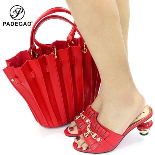 2021 New Style African Women Matching Shoe and Bag Material with Pu Italian Lady Shoes and Bags Set for Party in Red Color