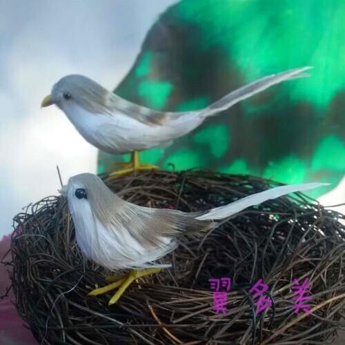 A pair of bird toys and a nest polyethylene & furs bird dolls gift about 10x15cm 2269