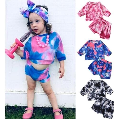 2Pcs Baby Girls Boys Outfit Summer Autumn Simple Style Tie dye Pajama set Round Collar Long Sleeve Loose Top + Casual Shorts