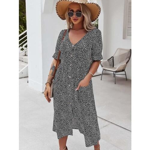 2021 Leopard V Neck Ruffle High Waist Midi Dresses Summer Casual Beach Boho Party Holiday Ladies Dress Elegant Womens Clothes
