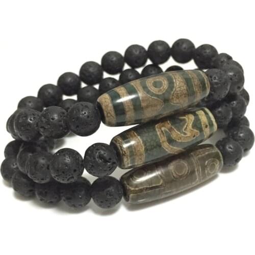 Retro Natural Tibetan Dzi Agates Bracelets Vintage Jewelry Buddha Prayer Nine-eyed Agates Charm Black Lava Bracelets for Male