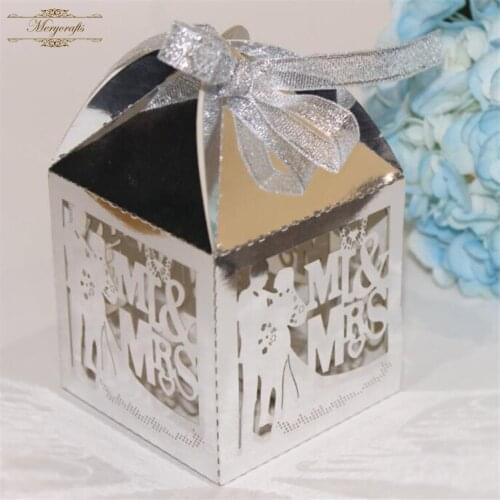 Luxury metallic silver bride and groom laser cut wedding favor boxes