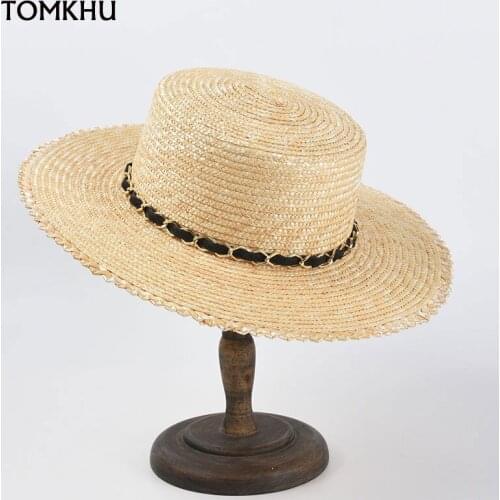Women Summer New Wheat Straw Hand-knitted Hat Fashion PU Chain Decoration Flat Top Hat Beach Sunscreen Hats For Men Women Caps