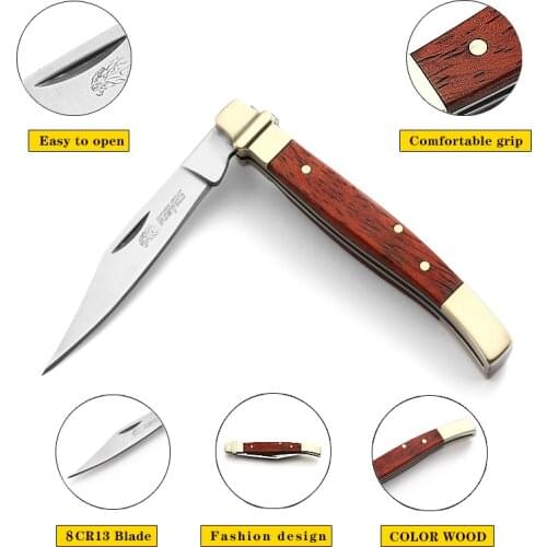 Folding Knife 8CR13MOV Blade Wood Handle Hunting Tactical Pocket Knives EDC for Self-Defense Survival Climbing Riding Camping