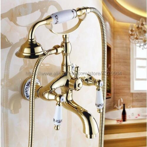 Bathtub Faucets Brass Golden Shower Faucet Set Ceramic Handle Handheld Rain Shower Head Faucet Mixer Tap Ntf410