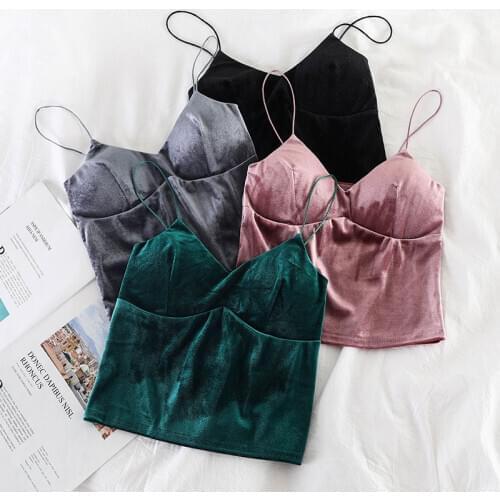OUMEA Women Velvet Camis Top Spaghetti Strap Velour Crop Top Summer V Neck Camis Bra Top Camisole With Pads High Street Chic Top