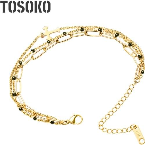 TOSOKO Classic Three-Layer Cross Bracelet All-Match Titanium Steel Bracelet For Women Stainless Steel Bracelets Anime BSE094