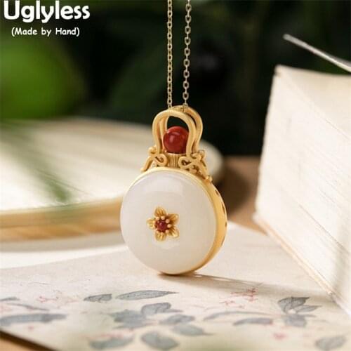 Uglyless Natural Jade Peace Buttons Necklaces for Women Agate Flower Pendants NO Chain Vintage Ethnic Gold 925 Silver Jewelry