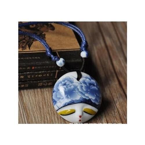 Ethnic Style Handmade Jewelry Doll Head Girl Face Ceramic pendant necklace For Men and Women