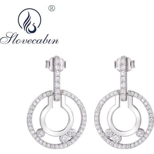 Slovecabin Authentic 925 Sterling Silver Lucky Move Stone Stud Earrings Clear CZ For Women Engagement Fine Silver Jewelry Making