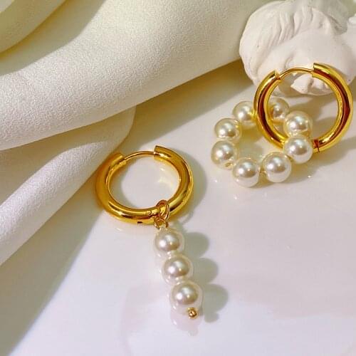 Flashbuy New Trend Asymmetry Pearl Metal Copper Golden Round Circle Hoop Earrings for Woman Vintage Fashion Jewelry
