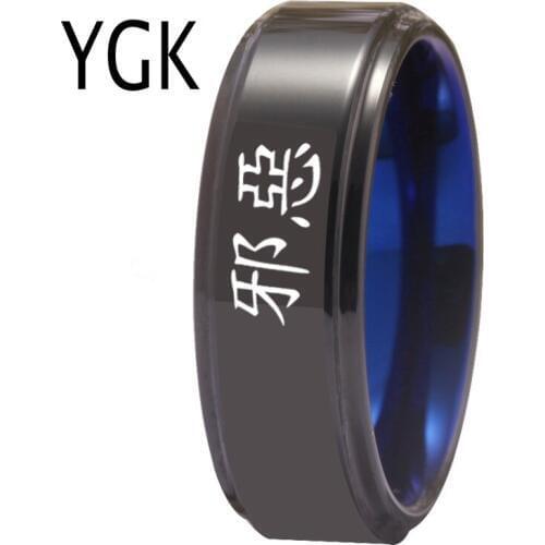 YGK Jewelry Black Step Blue INSIDE Kanji Evil Design Tungsten Ring Mens Classic Wedding Engagement Anniversary Lovers Ring