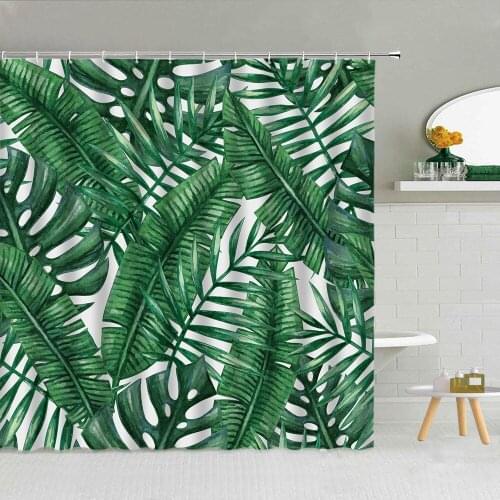 Green Leaves Flower Shower Curtain Palm Bamboo Leaf Creative Natural Pattern Bathroom Screen Bathroom Decor Hook Curtains Set