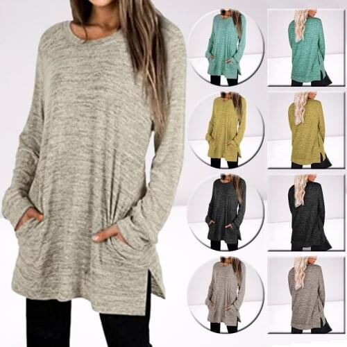 Womens Clothing Split Fork Long Sleeve Solid Color Sweatshirt Pullovers Hoodie Spring O-Neck Fashion Casual Loose Tunic Tops