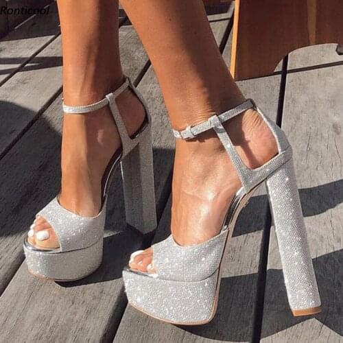 Ronticool New Arrival Women Platform Sandals Ankle Strap Glitter Block Heels Open Toe Gorgeous Silver Party Shoes US Size 5-20