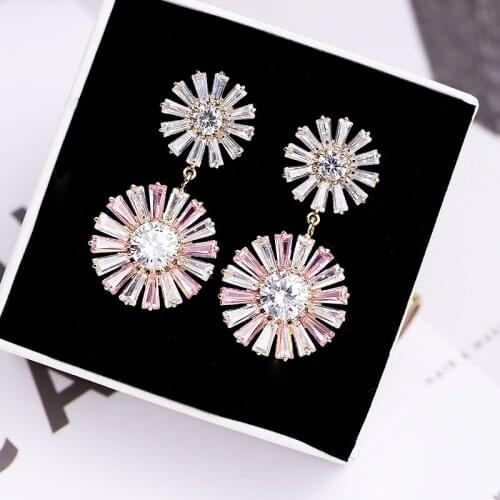 SWOUR New Fashion Jewelry S925 Silver Needle CZ Double Sun Flowers Design Crystal Dangle Earrings For Women S418