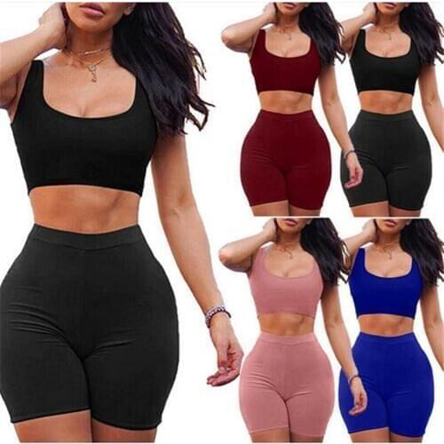 Women 2pcs Tracksuits Sexy Outfits Sleeveless Exposed Navel Crop Top + Shorts Set Solid Color Fitness Suits