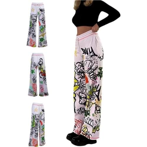 Ladies Personalized Loose Pants Summer Autumn Girls Creative Graffiti Printing Casual Long Trousers for Shopping Dating