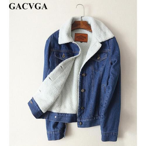 GACVGA Spring Autumn Winter New 2019 Women lambswool jean Coat With 4 Pockets Long Sleeves Warm Jeans Coat Outwear Denim Jacket