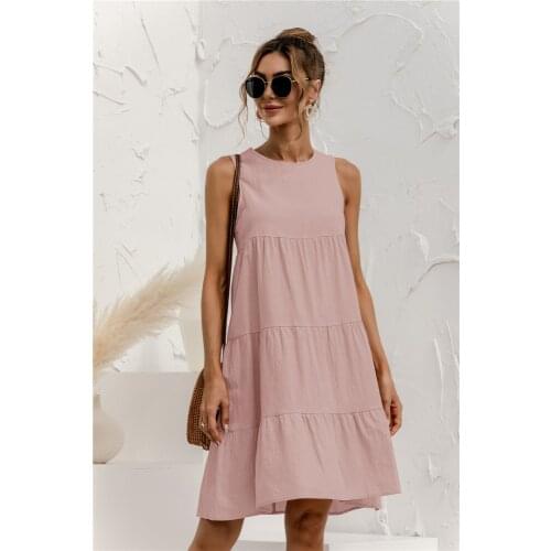 Womens Summer Round Neck Sleeveless Soft Dress Stitching Loose Solid Elastic Breathable Dress Beach Vacation Quick Dry Dress