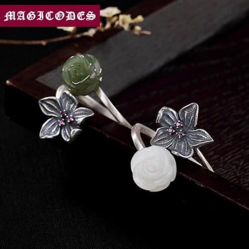 2019 Initial Adjustable Ring 100% 925 Sterling Silver Jewelry Women bohemian Mosaic natural jade jasper Rose Wedding Ring R26