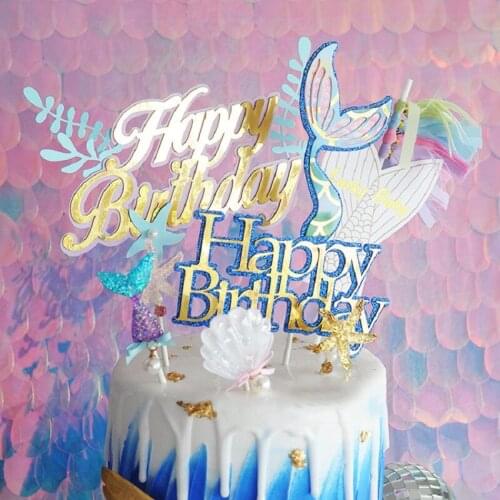 1pc Glitter Mermaid Party Decoration Cake Topper Happy Birthday Cupcake Topper For Birthday Party Baby Shower Decor Supplies